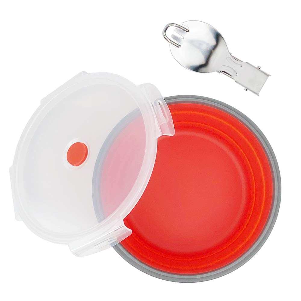 CCyanzi 1200ml Collapsible Camping Bowl Silicone Food Storage Container with Lid and Foldable Stainless Steel Fork Spoon, for Picnic, Travel, Camping, RV, Fridge and Microwave Bowls