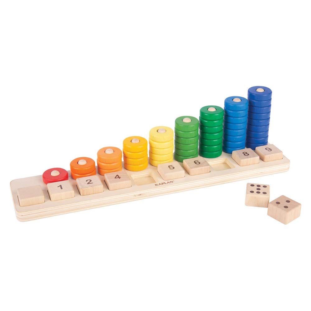 Kaplan Early Learning Natural Wooden Stack and Sort Board with Colorful Counting Discs and Double-Sided Squares with Numbers 1-9
