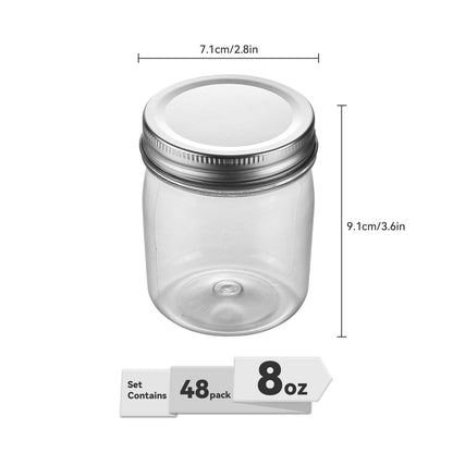 novelinks 8 oz Clear Plastic Mason Jars with Lids, 48 Pack Small Plastic Containers with Lids 8oz, Slime Containers with Lids & Spice Jars for Kitchen Organization (48 Pack,Silver)