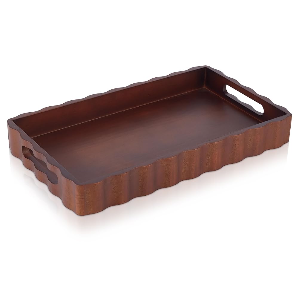 MAYJOYDIY Wooden Serving Tray with Handle 15.7 x 9.2 x 2 Inch Rectangle Wood Decorative Tray Cloud Shape Serving Platter for Afternoon Tea Cosmetics Coffee Cup Aromatherapy Toiletries