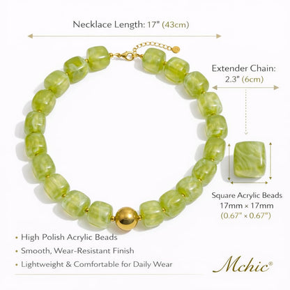 Mchic Green Beaded Choker Necklace for Women: Adjustable Boho Chunky Green Beads Strand Necklace Acrylic Square Bead Jewelry Summer Beach Vibe Handmade Stainless Steel Necklace Gift