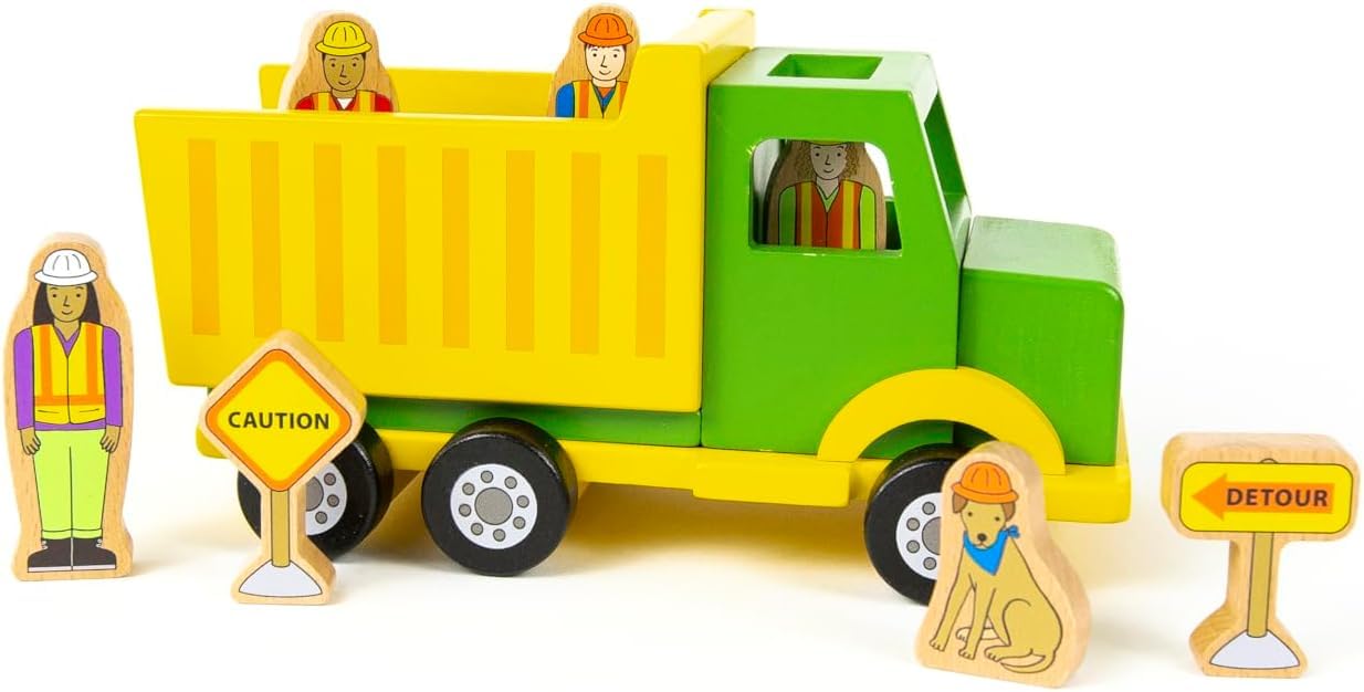 Jack Rabbit Creations- Construction Crew Magnetic Truck- 8 Piece Wooden Playset- Includes Dump Truck, Traffic Signs, Dog and Construction Workers-Motor Skills Toy- Toddlers 3+