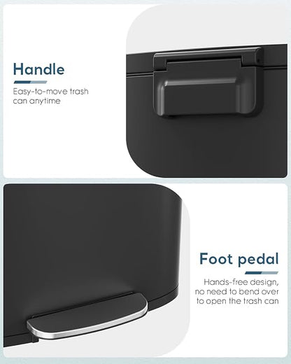 Arlopu 13.2+1.3 Gallon Step Trash Can, Stainless Steel Garbage Bin, Soft-Close Rubbish Bin with Removable Plastic Inner Bucket, Fingerprint-Proof, Lid Dustbin, for Kitchen Home (Black)