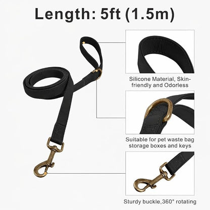 Silicone Dog Collar and Leash Set, Waterproof & Odor-Proof Puppy Collar for Small Dogs, Soft Flexible Leather-Look Dog Collars, Durable Thick Adjustable Pet Collar (Black, Medium (12.5-20" Neck))