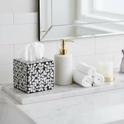 PEMAR Decorative Tissue Box Cover, 5.5” Cube Wooden Tissue Holder with Mother of Pearl Inlay, Farmhouse Rustic Napkin Dispenser for Bathroom, Living Room, Kitchen, Office (White Vines (Standard 5.5")