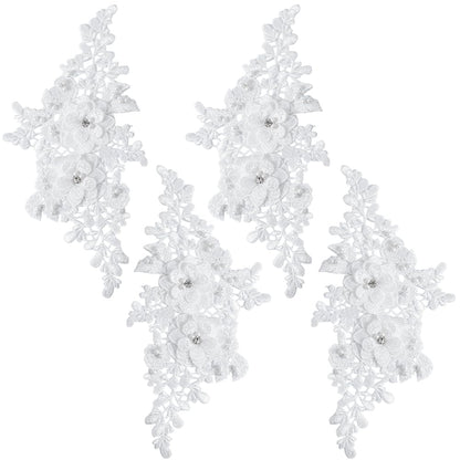 CABODYALS 4Pcs Beaded Lace Appliques White Pearl 3D Flower Crystal Applique Polyester Embroidery Floral Rhinestone Sew on Patches for Sewing Making Dresses Clothes Wedding Gown Headpiece DIY Supply