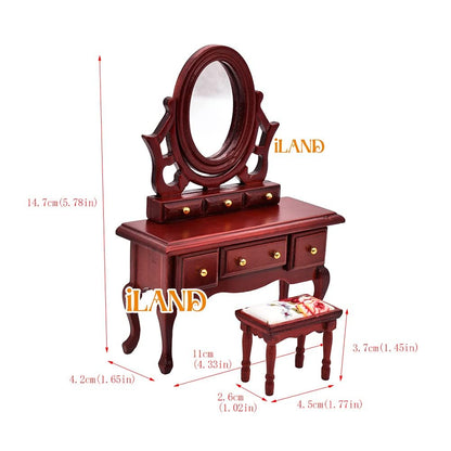 iLAND Wooden Dollhouse Furniture 1/12 Scale, Dollhouse Bedroom Furniture in Mahogany Color incl Dollhouse Bed & Dressing Table & Wardrobe (Classical Miniature Furniture 6pcs)