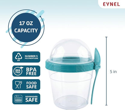 4 Pack 17 oz Small Breakfast On The Go Yogurt Parfait Cups, Reusable Plastic Containers with Lids and Spoons, Perfect Jars for Overnight Oats Cereal Granola Oatmeal (5 Colors)