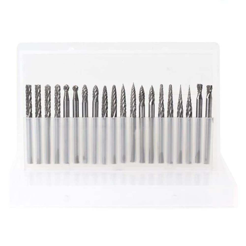 YUFUTOL 20pcs Solid Carbide Burr Set 0.118‘’（3mm）shank Tungsten Carbide Rotary Files Burrs with 3mm Cutting Head diameter Fits Most Rotary Drill Die Grinder for Woodworking,Engraving,Drilling,Carving