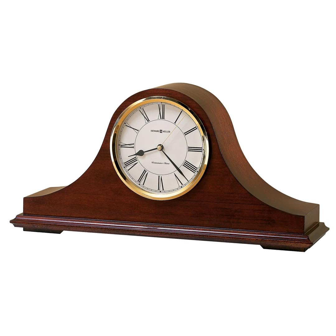 Howard Miller Christopher Mantel Clock – Hardwood Table Clock, Quartz Movement, Westminster Chime, Brass Bezel, Roman Numerals, Battery Powered