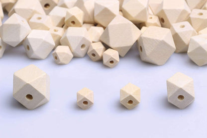100Pcs Natural Geometric Polygon Wood Beads, Unfinished Wooden Loose Spacer Beads for Bead Crafts Making Home Farmhouse Decoration 4 Sizes (10mm 12mm 16mm 20mm)