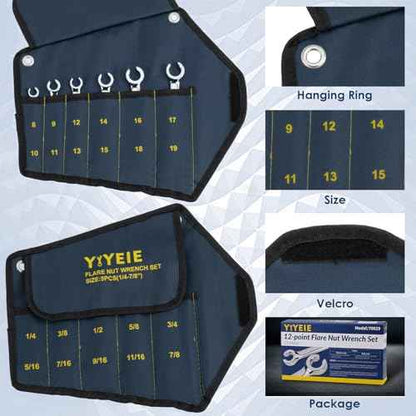 12-Point Flare Nut Wrench Set Metric & SAE, 8mm-19mm & 1/4"-7/8", 11PCS Offset Line Wrench Set for Brake, Fuel and Tubing, CR-V Steel, Double Open End with Organizer Pouch for Removing Nuts