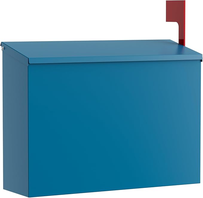Wall-Mount Mailbox for Outside, Large Capacity Rust-Proof Mail Box with Stay-Open Lid & Red Flag Kit, Galvanized Steel Weather-Resistant Post Box for House Outside, 10.5"x4.3"x14.2", Blue
