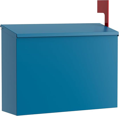 Wall-Mount Mailbox for Outside, Large Capacity Rust-Proof Mail Box with Stay-Open Lid & Red Flag Kit, Galvanized Steel Weather-Resistant Post Box for House Outside, 10.5"x4.3"x14.2", Blue