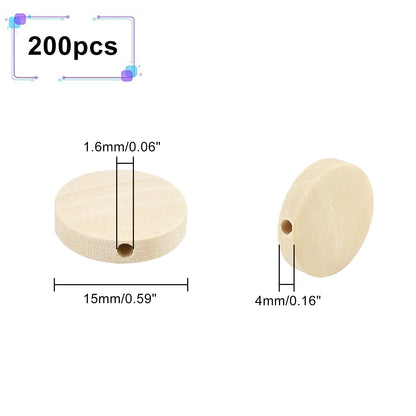 PH PandaHall 200ps Flat Round Wooden Beads 15mm Drilled Wooden Natural Wooden Beads Wooden Coin Spacer Beads for Christmas Tree Wreath Macrame Garland Craft Jewelry Craft, 1.6mm Hole