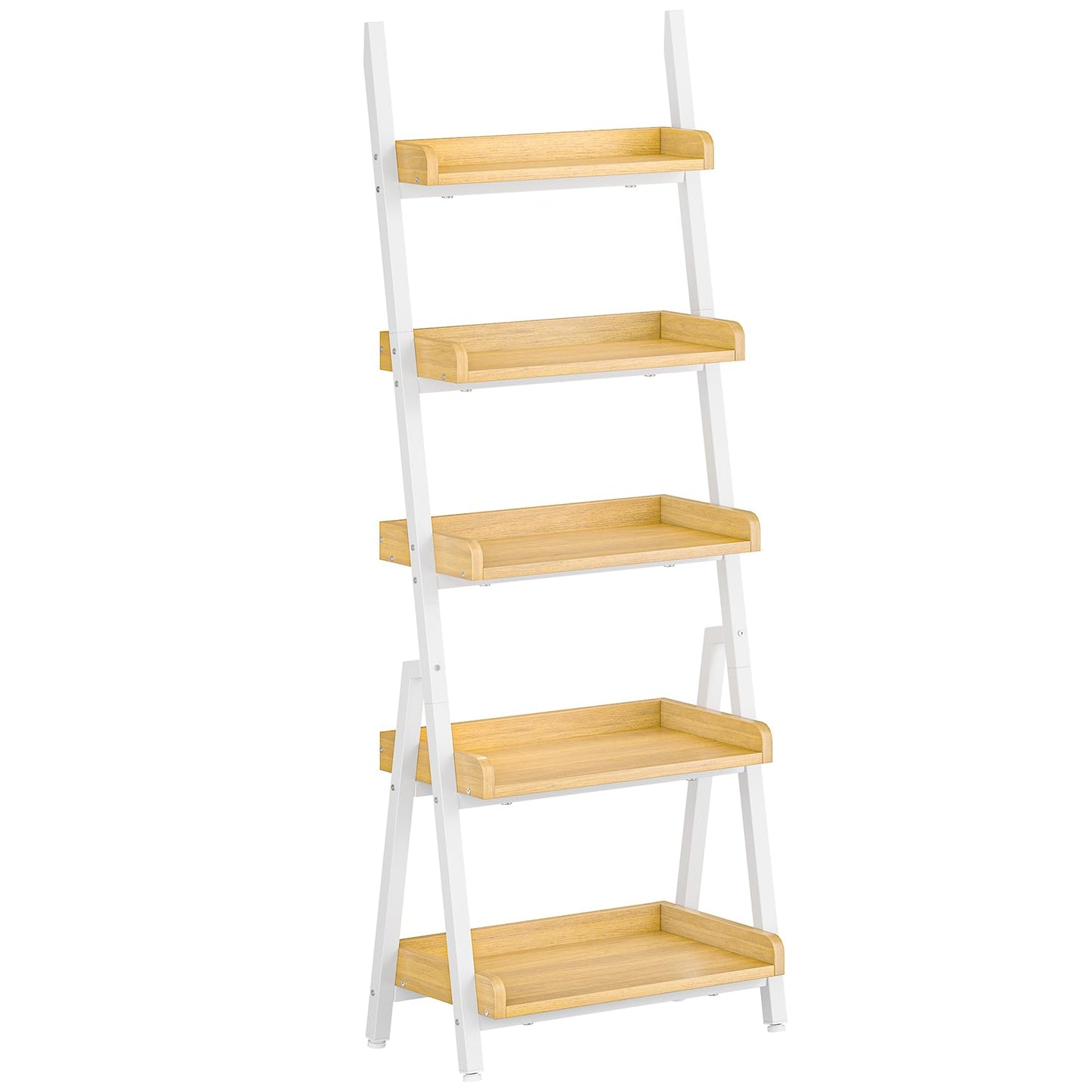 HOOBRO Small Bookcase, Ladder Shelf, 5-Tier Wall-Leaning Shelf, Freestanding Storage Rack, Display Stand, for Living Room, Home Office, Balcony, Bedroom, White and Natural WN151CJ01