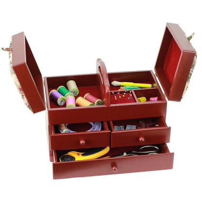 Classic Expanding Wood Sewing Box Basket Storage Caddy with tapestry padded lid, 2x3 Tiers with Easy Carrying Handle, Red