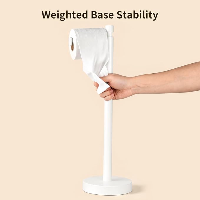 YUMORE Toilet Paper Holder Stand, Weighted Base, Matte White | Stainless Steel Design with Open-Arm Access for Bathrooms and Powder Rooms