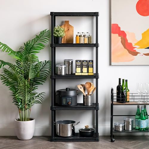 IRIS USA 5-Shelf Light Duty Plastic Storage Shelves, 250lb Capacity, 64"H x 24"W x 12"D, Medium Modular Shelving Unit Storage Organizer for Garage, Home, Bathroom & Laundry, Storage Rack - Black
