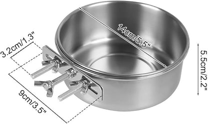 Bird Feeding Dish Cups,Stainless Steel Birdcage Coop Water Feeder with Clamp Holder for Birds,Parrots,Cockatiel,Parakeet,Macaw,Finches, Lovebirds,Small Animals