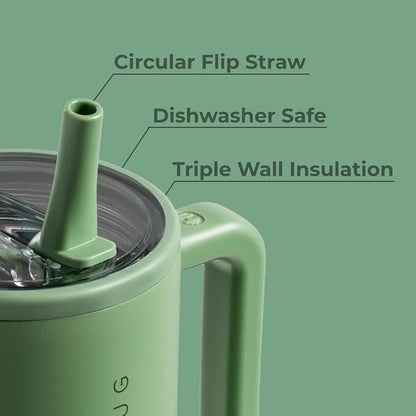 HydroJug Traveler - 40 oz Water Bottle with Handle & Flip Straw - Fits in Cup Holder, Leak Resistant Tumbler-Reusable Insulated Stainless Steel & Rubber Base - Gifts for Women & Men, Sage