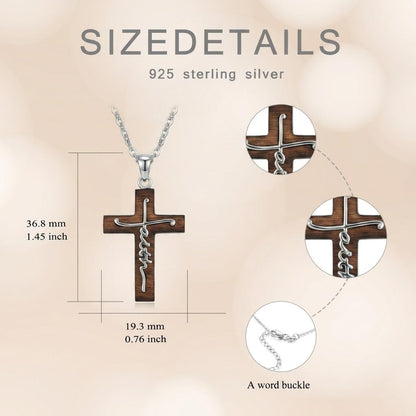 VNRIOW 925 Sterling Silver Faith Wooden Cross Necklace, Christian Religious Jewelry Gift for Women Men, 18 to 20 Inches Chain