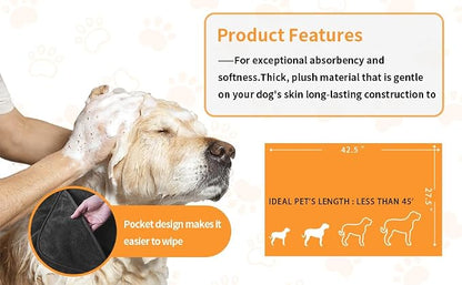 Super Absorbent Microfiber Dog Towels - Soft Pet Grooming Towel for Drying & Bathing Large, Medium or Small Dogs - 42.5" x 27.5" Perfect for Pet Shower & Pet Supplies! Grey