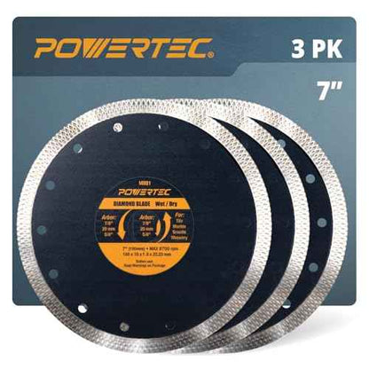 POWERTEC 7 Inch Diamond Saw Blades for Wet Tile Saw 3 Pack, Super Thin Turbo Mesh Rim Tile Blades for Cutting Porcelain, Granite Tile & Ceramic Tile, 7" Diamond Blades (14001-P3)