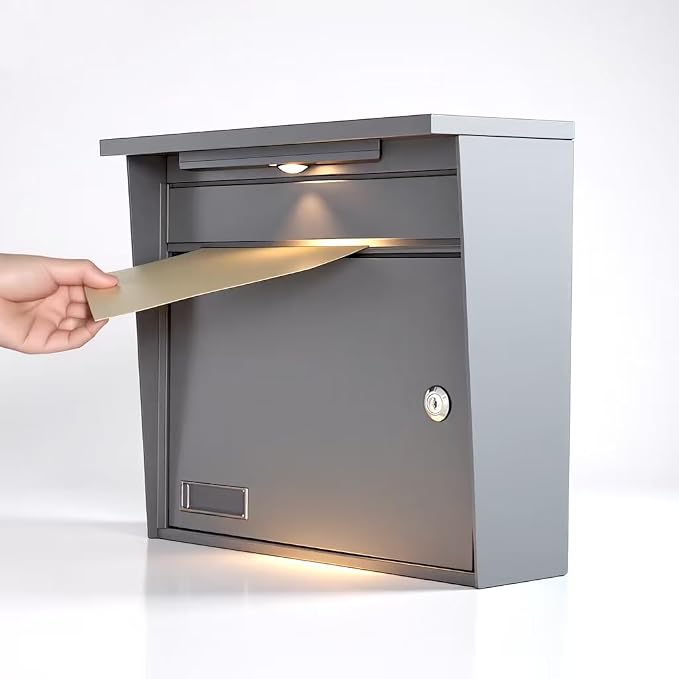 Solar Wall Mount Mailbox for Outside - Auto LED Light at Dusk, Large Locking Mail Box (13 x 3.7 x 12.2 Inches) with Key, Secure Metal Mailboxes for House Outside, Waterproof & Rust-Proof