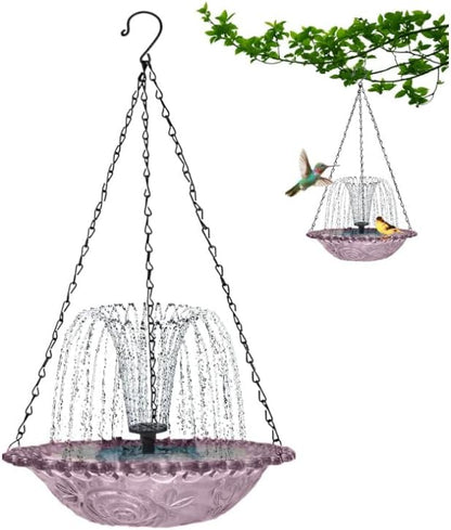 Hanging Solar Bird Bath Fountain with Water Pump, Plastic Basin, 4 Nozzles, Sturdy Metal Chains, Outdoor Garden Decor (Cannot Spray Water, Pink)