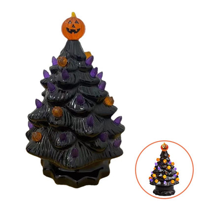 Halloween Ceramic Tree Decorations, Lighted Black Ceramic Tree with Glowing Pumpkin Lights Battery Powered Tabletop Lamp for Indoor Home Office Halloween Fall Decor, 3.94x6.81in