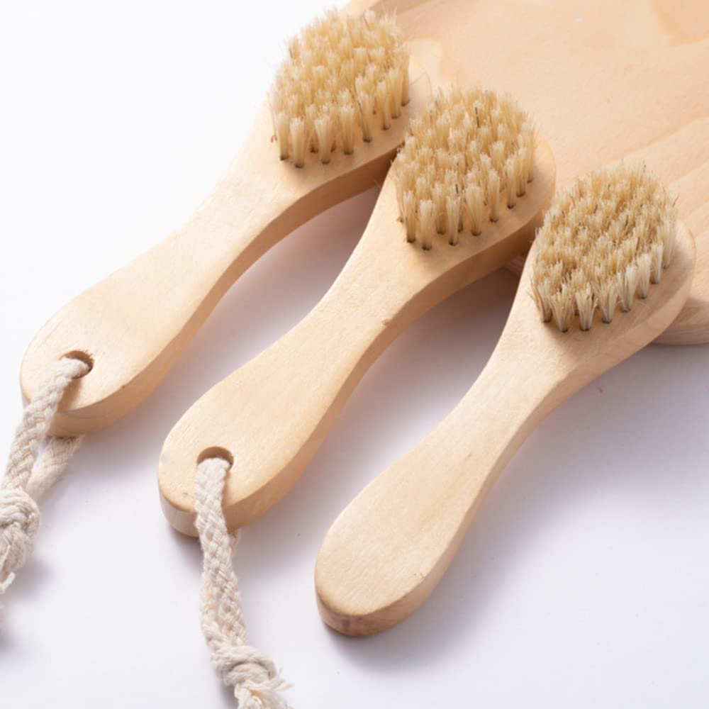 Natural Soft Wool Bristles Dry Facial Cleansing Brush, 6" Face Skin Care Exfoliating Scrub Brush, 2 Pack Wood Handle Face Brush Cleanser.