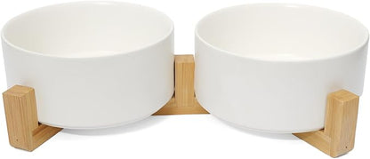 Dog Food Bowl, 13.5 oz Ceramic Modern Design, Dog Water and Food Bowl with Wood Stand, for Puppy & Cat, Non-Slip Feeding Station with Weighted Base, White