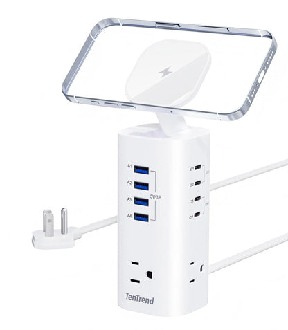 TenTrend Power Strip Tower Surge Protector, 115W Fast Charging Station with 3AC Outlets & 8 USB Ports (4 USB-C), 5FT Extension Cord Flat Plug for Home, Office, Dorm Room