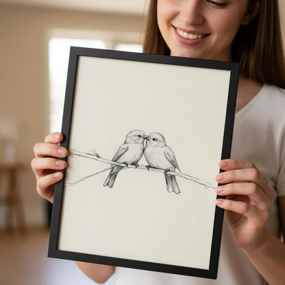 FBBLANG Minimalist Love Birds Wall Art – Neutral Beige Black & White Bird Illustration, Modern Scandinavian Home Decor for Bedroom Living Room Office Bar Black Frame 10 x 8 in
