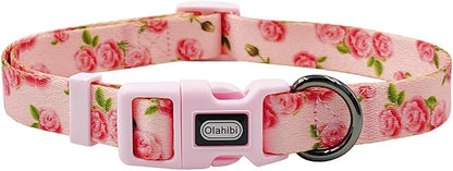 Dog Collar Leash Set, Floral Pattern, Polyester Material, Adjustable Collar and 5ft Matching Leash, for Large Dogs.(L, Pink Rose)