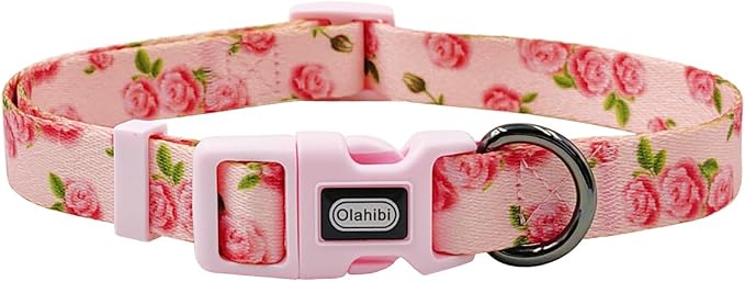 Dog Collar Leash Set, Floral Pattern, Polyester Material, Adjustable Collar and 5ft Matching Leash, for Small Dogs.(S, Pink Rose)