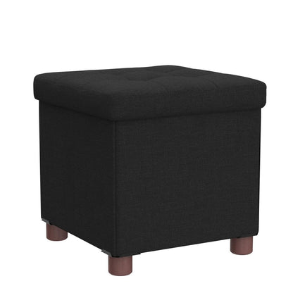 15 Inch Storage Ottoman with Wooden Legs - Cube Foot Rest Stool, Square Footstool, Comfortable Seat with Lid, Foldable Fabric Ottoman, Space-Saving Black
