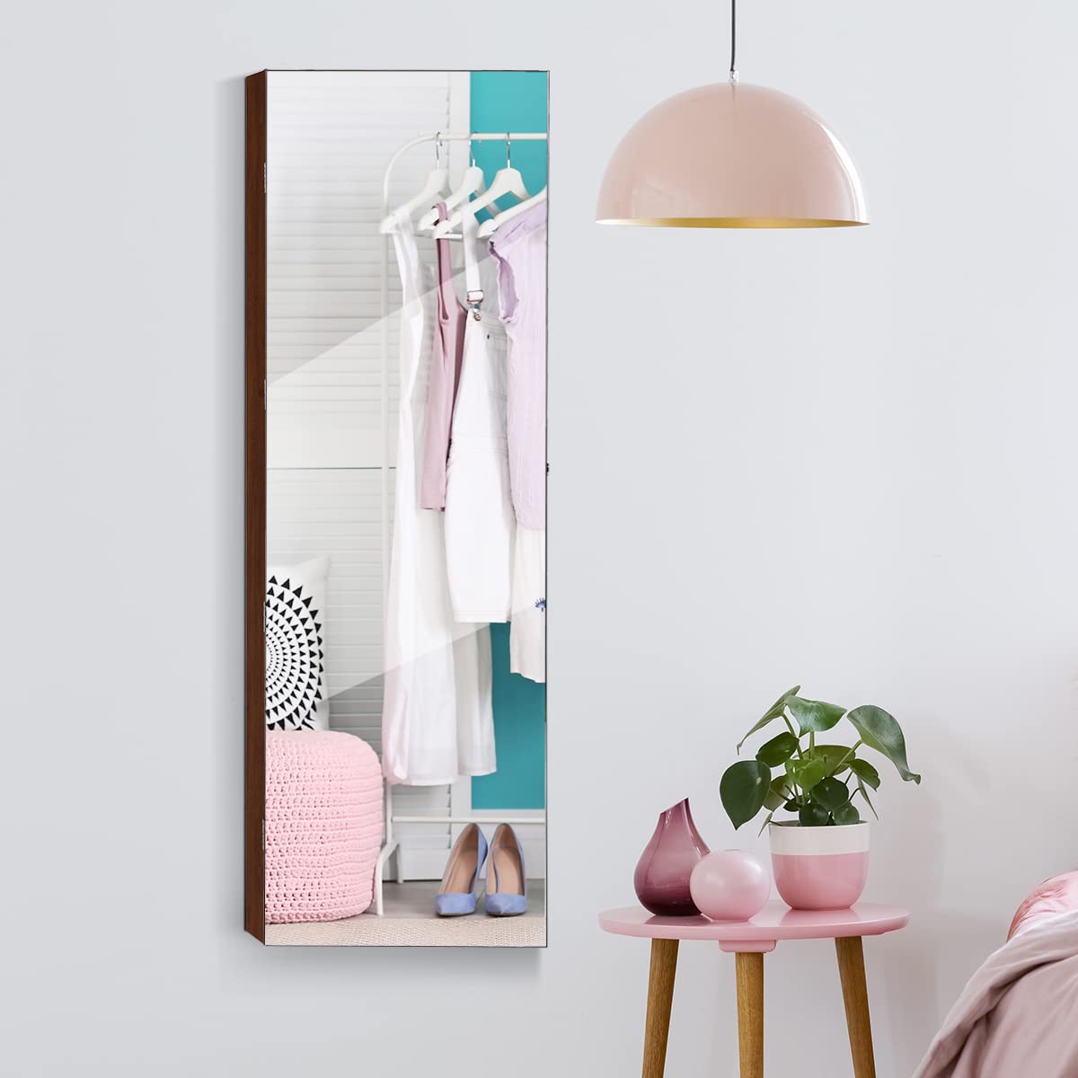 OFFICEJOY Wall/Door Mounted Jewelry Armoire w/Full-Length Mirror & LED Lights, Lockable Jewelry Armoire Mirror Organizer, Jewel Storage Hanging Cabinet w/Scarf Rod, 36 Hooks, 1 Makeup Pouch (Coffee)