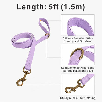 Silicone Dog Collar and Leash Set, Waterproof & Odor-Proof Puppy Collar for Small Dogs, Soft Flexible Leather-Look Dog Collars, Durable Thick Adjustable Pet Collar (Purple, Small (11-15.5" Neck))