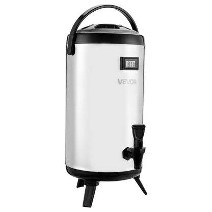 VEVOR Insulated Beverage Dispenser, 2.4 Gal/9.2L Stainless Steel Thermal Drink Server with Spigot & Temp Display, Suitable for Hot and Cold Drinks, for Tea Coffee Water in Cafes & Restaurants, Silver