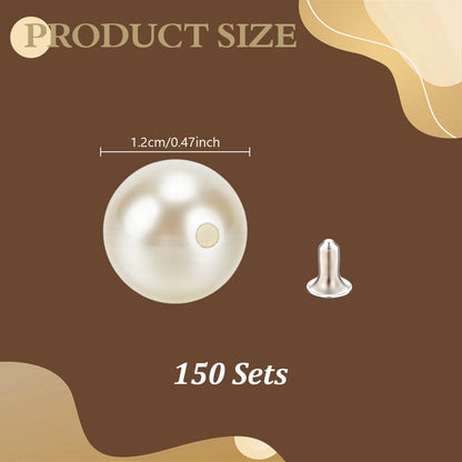 AHANDMAKER 150 Sets 12mm Pearl Buttons, No Sew White Imitation Pearl Buttons Reusable and Removable Embellishments Button for Coats Shirts Wedding Dresses Clothes Bags Decoration DIY Crafts
