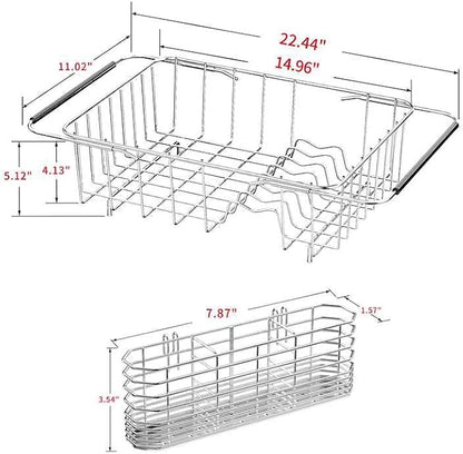 JAQ Over Sink Dish Drying Rack, Expandable 14.96"–22.44" Adjustable Dish Rack for Kitchen Sink, 304 Stainless Steel Dish Drainer with Utensil Holder, Space Saving for Most Standard Kitchen Sinks