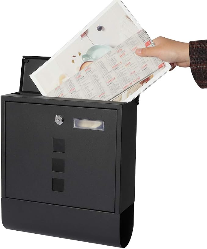 Decaller Wall Mount Mailbox with Key Lock, Metal Rust-Proof Mail Box with Newspaper Compartment for Outside, 15.4" x 12" 4.8", 2203 Black