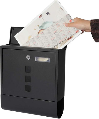 Decaller Wall Mount Mailbox with Key Lock, Metal Rust-Proof Mail Box with Newspaper Compartment for Outside, 15.4" x 12" 4.8", 2203 Black