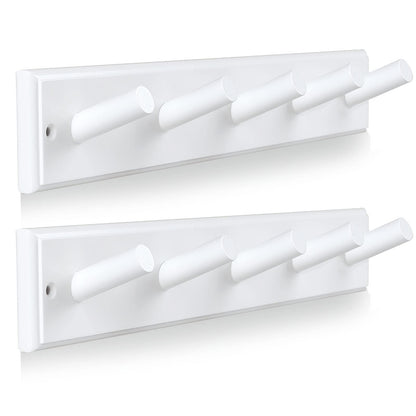horkmous Wooden Coat Rack 2Pcs, 16'' Hole to Hole Wooden Wall-Mounted Coat Hooks, 5 Pegs Bamboo Wall Hooks for Hanging Towels, Hats, Robes, Clothes, Keys, White