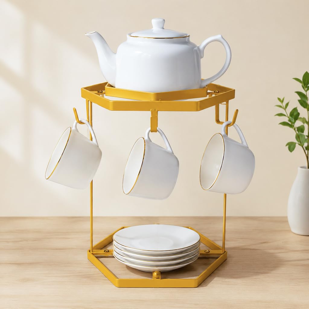 LWXPAIYY Coffee Mug Holder Countertop,Yellow Metal Coffee Cup Holders for Counter,Matte Muted Gold Mug Stand Rack for Counter Top 6 Hooks(Hexagon)