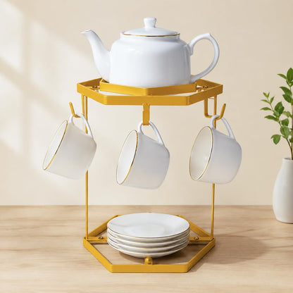 LWXPAIYY Coffee Mug Holder Countertop,Yellow Metal Coffee Cup Holders for Counter,Matte Muted Gold Mug Stand Rack for Counter Top 6 Hooks(Hexagon)