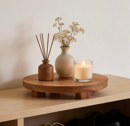 Kurrajong Farmhouse footed wooden tray | wood pedestal stand | 10" wide and 2" high round riser board | acacia wood pedestal board | plant holder