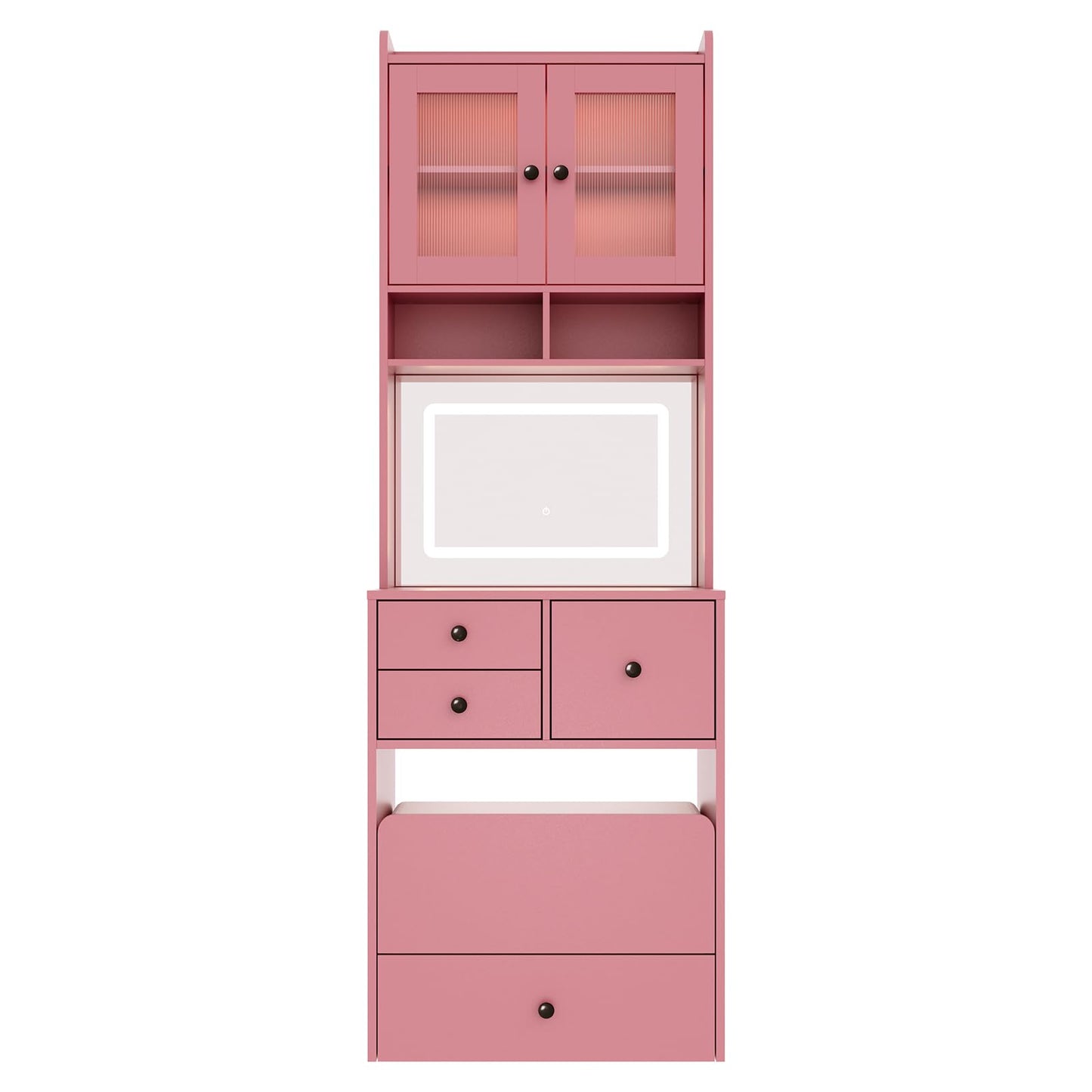 3 in 1 Vanity Desk with LED Light, Tall Makeup Vanity Set with 2 AC Outlets & USB-C, Dressing Table with Storage Drawers & Acrylic Doors, Nightstand Vanity Mirror, Jewelry Box, Cushioned Chair